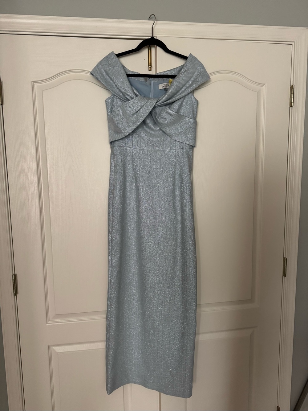Rickie Freeman for Teri Jon Light Blue Shimmer Off-Shoulder Midi Dress